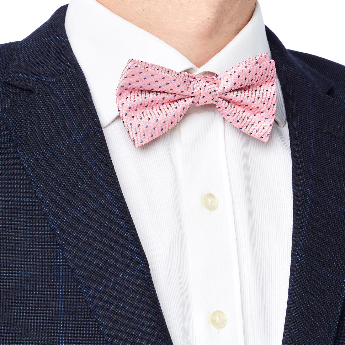 NOEUD PAPILLON - IMPRIMÉ À POIS - PÊCHE ET BLEU MARINE - JACQUARD DE SOIE - PRÉNOUÉ - HOMME - DRAEGER – Image 3